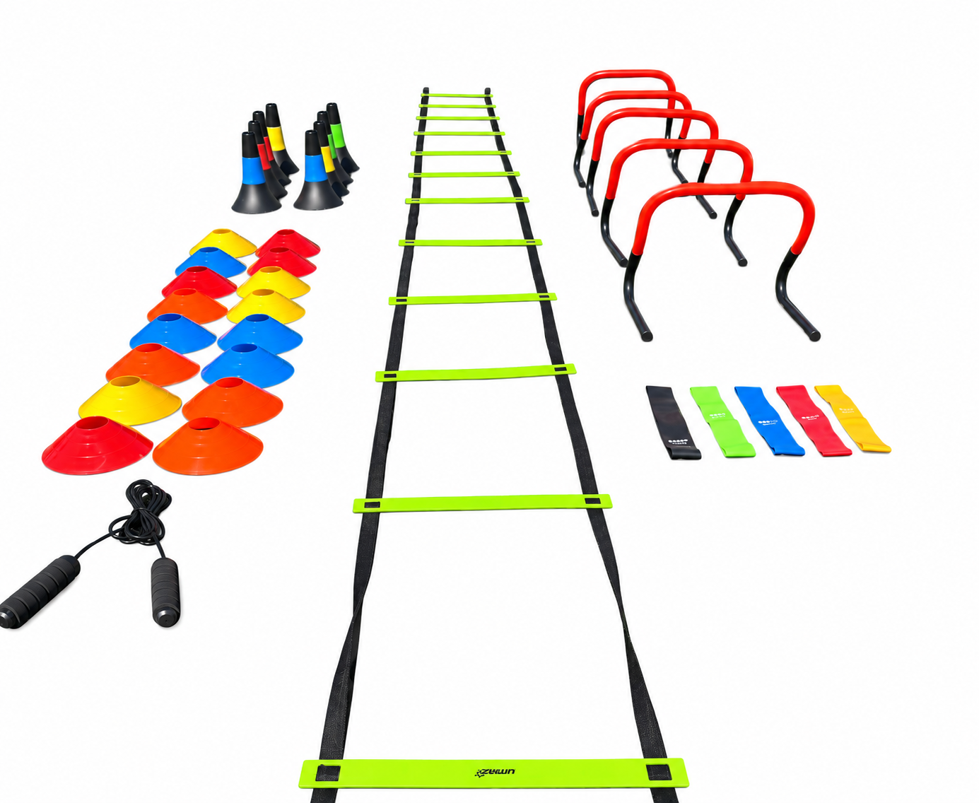 Complete agility and resistance bundle with green ladder, red hurdles, marker cones, stacked cone markers, five resistance bands and a black jump rope