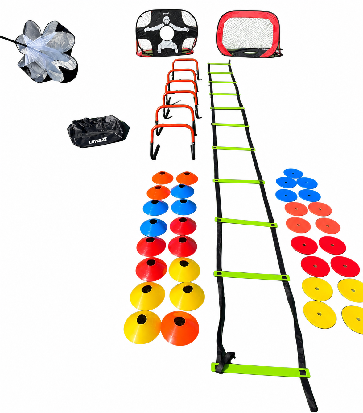 Complete goal and target bundle with goalkeeper target panel, red pop-up goal, parachute, ladder, hurdles, raised marker cones, flat discs and UMAZI carry bag