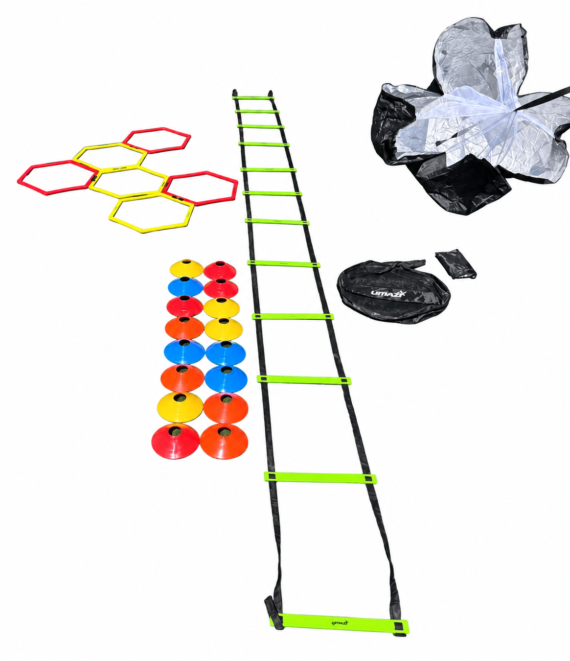 Complete hex ring and parachute bundle with six red and yellow hexagonal rings, green ladder, multicolor marker cones, parachute, round UMAZI carry bag and small pouch