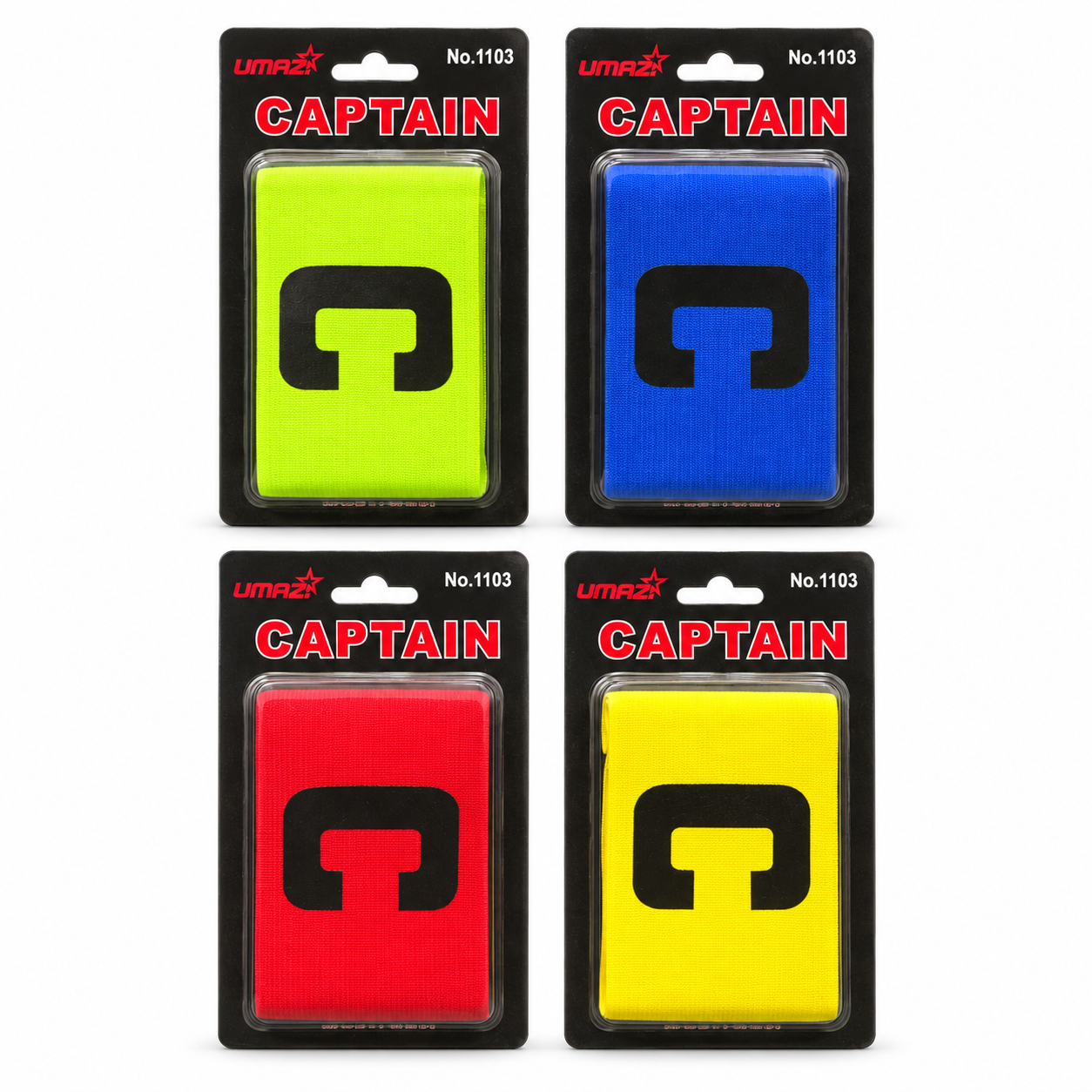 Four packaged UMAZI classic captain’s armbands arranged on white in neon green, blue, red and yellow, each with a black C