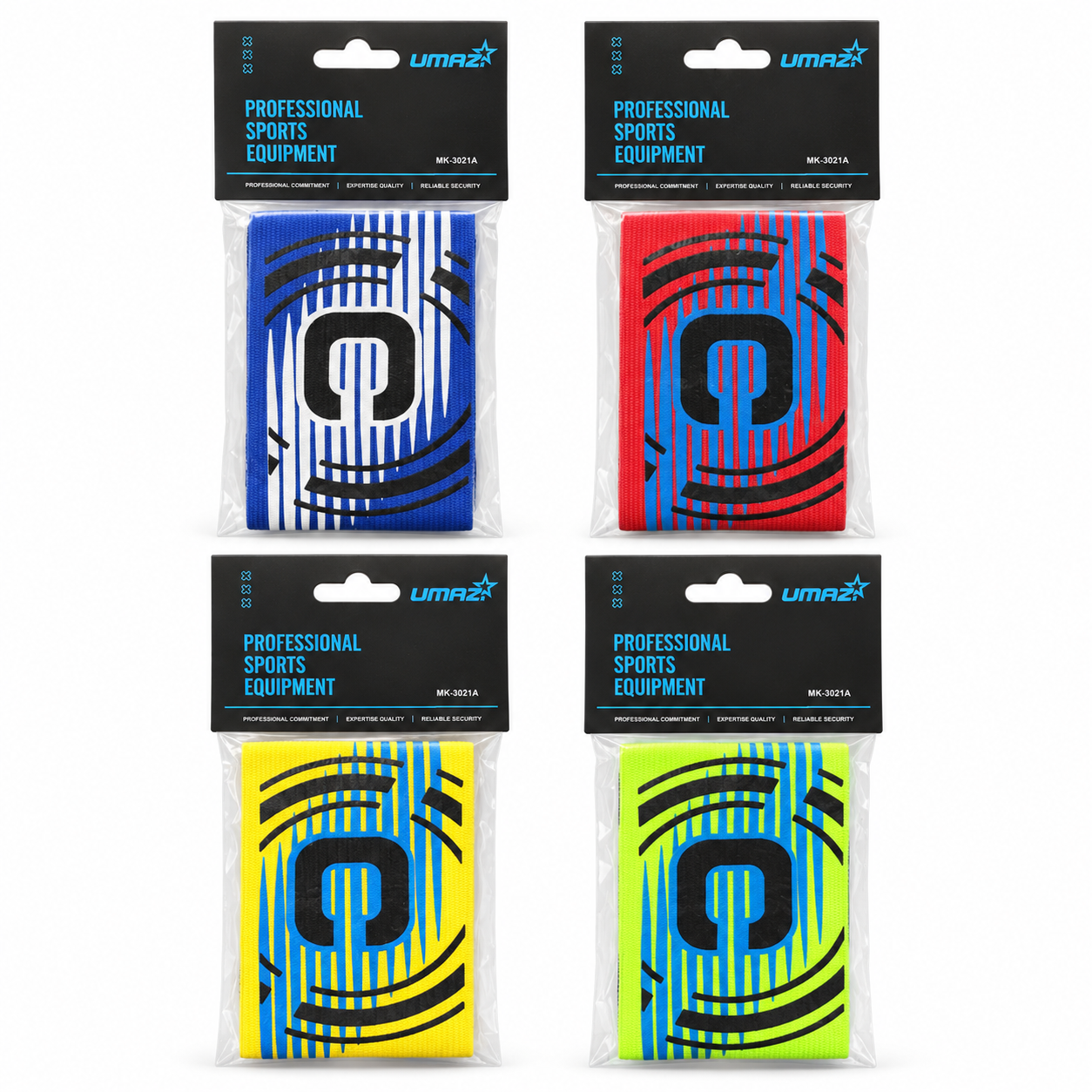Four packaged UMAZI graphic captain’s armbands arranged on white in blue and white, red and blue, yellow and blue, and neon green and blue