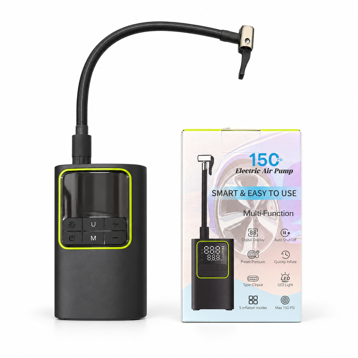 Black portable electric air pump with lime screen trim, flexible hose and retail box on white