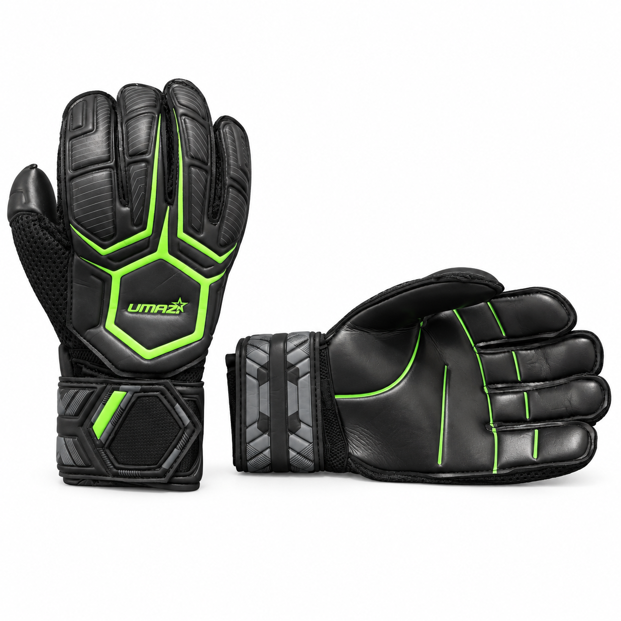 Black and bright green UMAZI contour goalkeeper gloves on white, showing the raised backhand panels and matching green palm lines