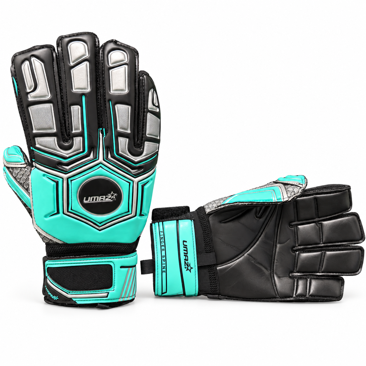 Turquoise, black and silver UMAZI goalkeeper gloves on white, with circular backhand logo, black palm and FINGER SPINE wrist lettering