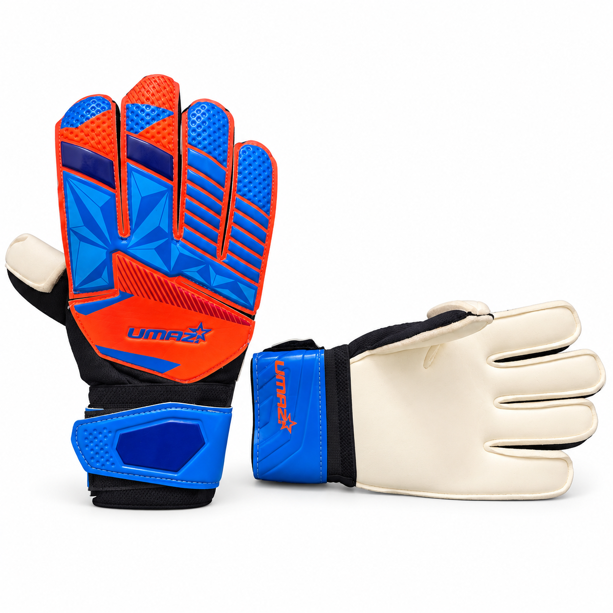 Blue and orange UMAZI geometric goalkeeper gloves on white, with raised backhand panels, wrist straps and cream palm visible