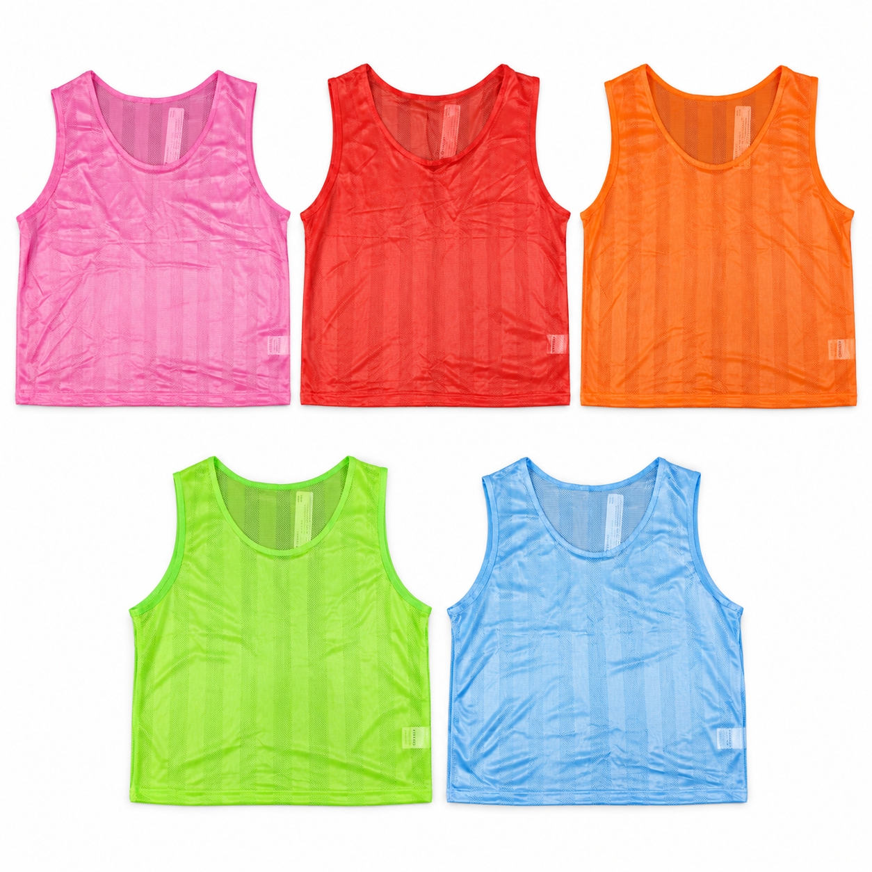 Pink, red, orange, neon green and light blue mesh training bibs arranged on a white background