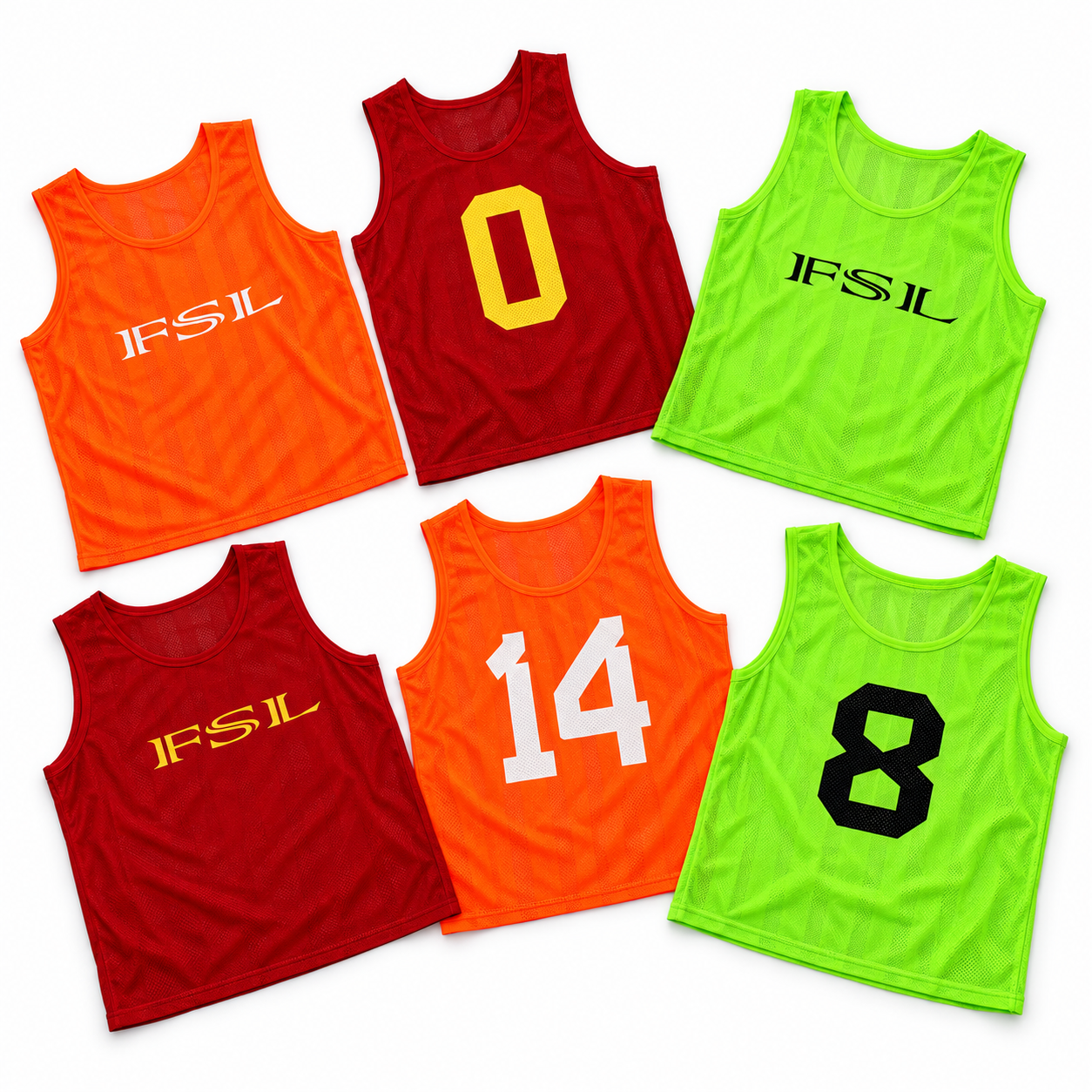 Six orange, red and neon green mesh bibs arranged on white, showing FSL lettering and numbers 0, 14 and 8