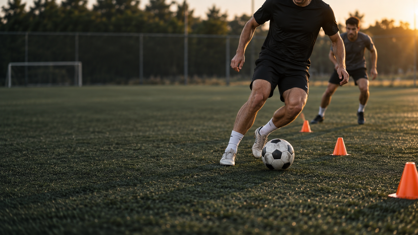 Soccer players working on their footwork on a grass pitch